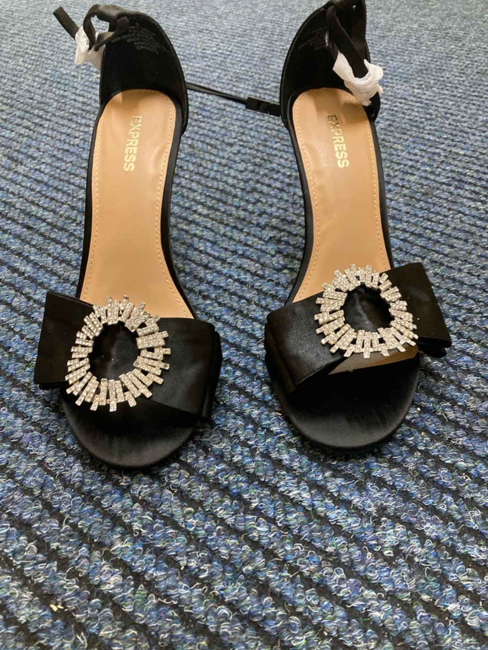 Express Black Satin Heeled Sandals with Crystal Ring Accent